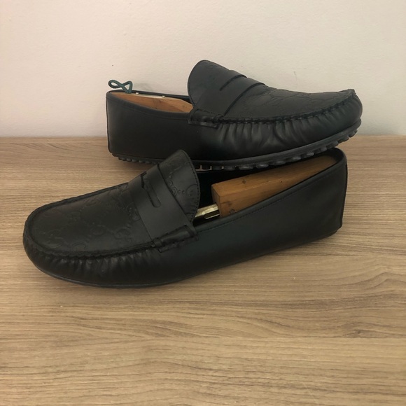Gucci GG Logo Stamp Penny Loafers Moccasins Black Leather Men's SHOES 7.5 G 8 US - Picture 6 of 12